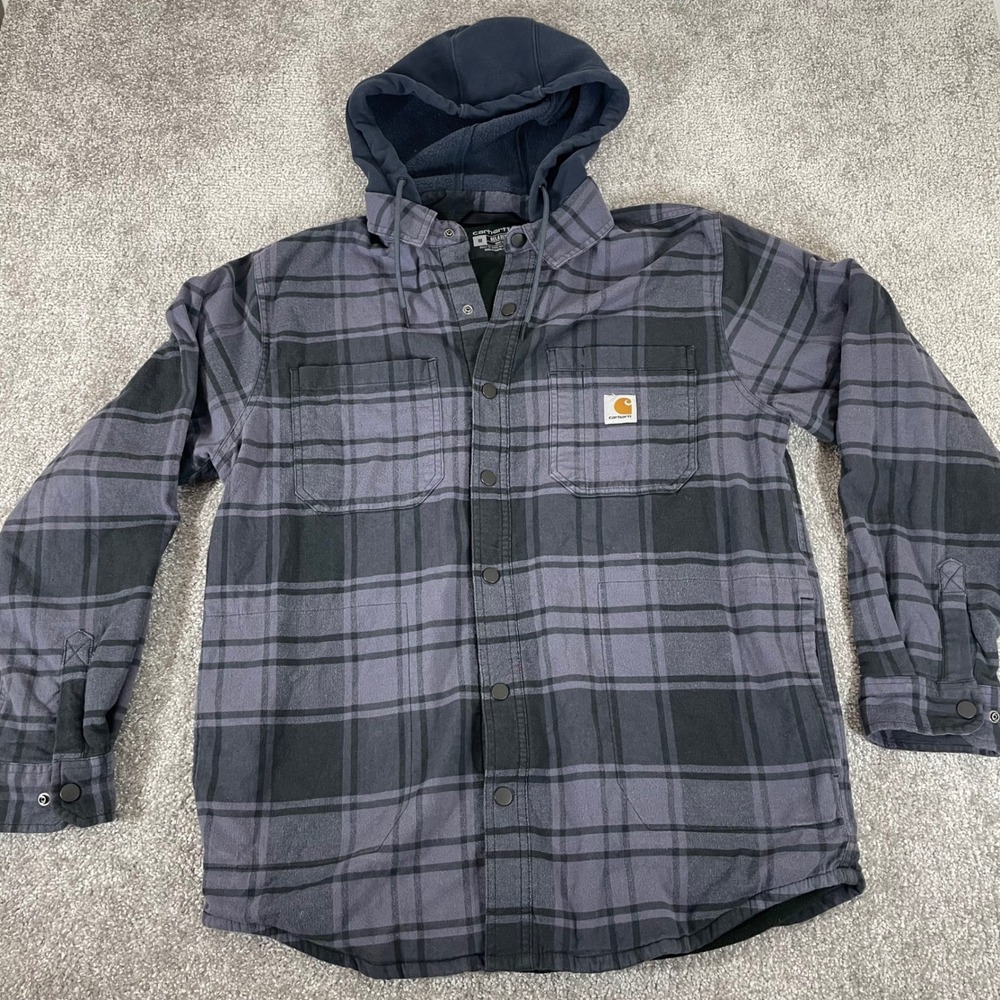 Carhartt Shacket Mens Medium Relaxed Flannel Fleece Lined Hooded Shirt Jacket